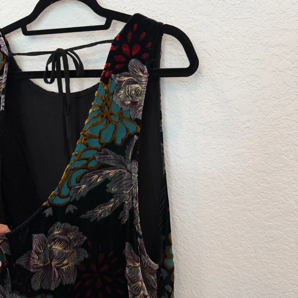Free People‎ Black Floral Burnout Velvet Peplum Tunic Top Open Tie Back Medium